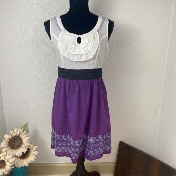 White & Purple Color Block Empire Waist Dress - Picture 1 of 9